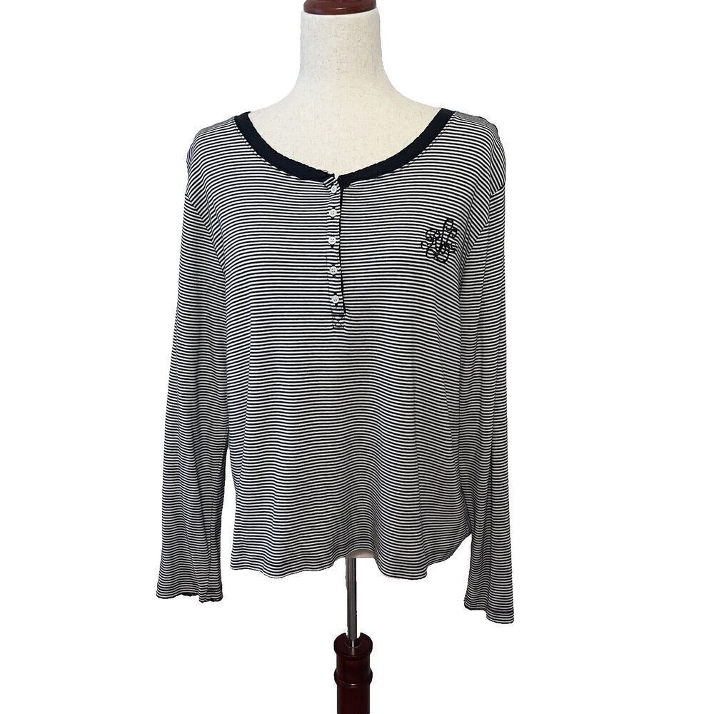 Ralph Lauren LRL Womens Long Sleeve Henley Shirt Size XL Black & White Striped